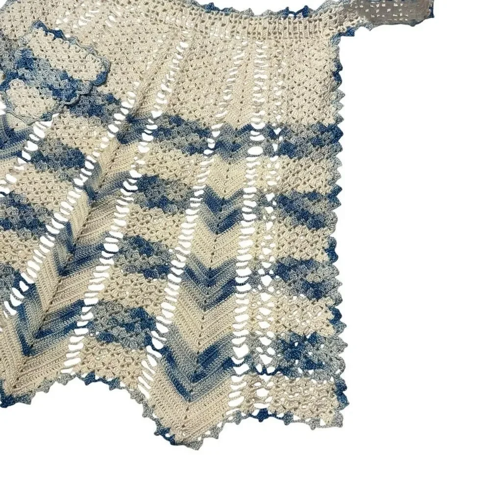 Vintage Handmade Crochet Apron With Small Pocket Blue‎ White Straps Approx 48”
